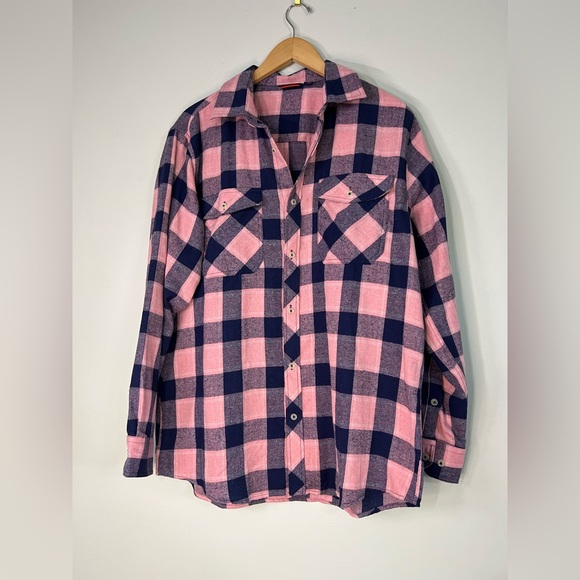 Tops - Flannel Pink and Blue Plaid Button-Up Shirt Oversized